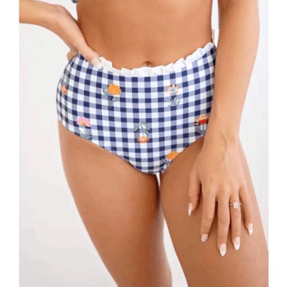 Plus Size High Waist Swim Bottom 1X Navy Gingham Floral Ruffle Unique Vintage